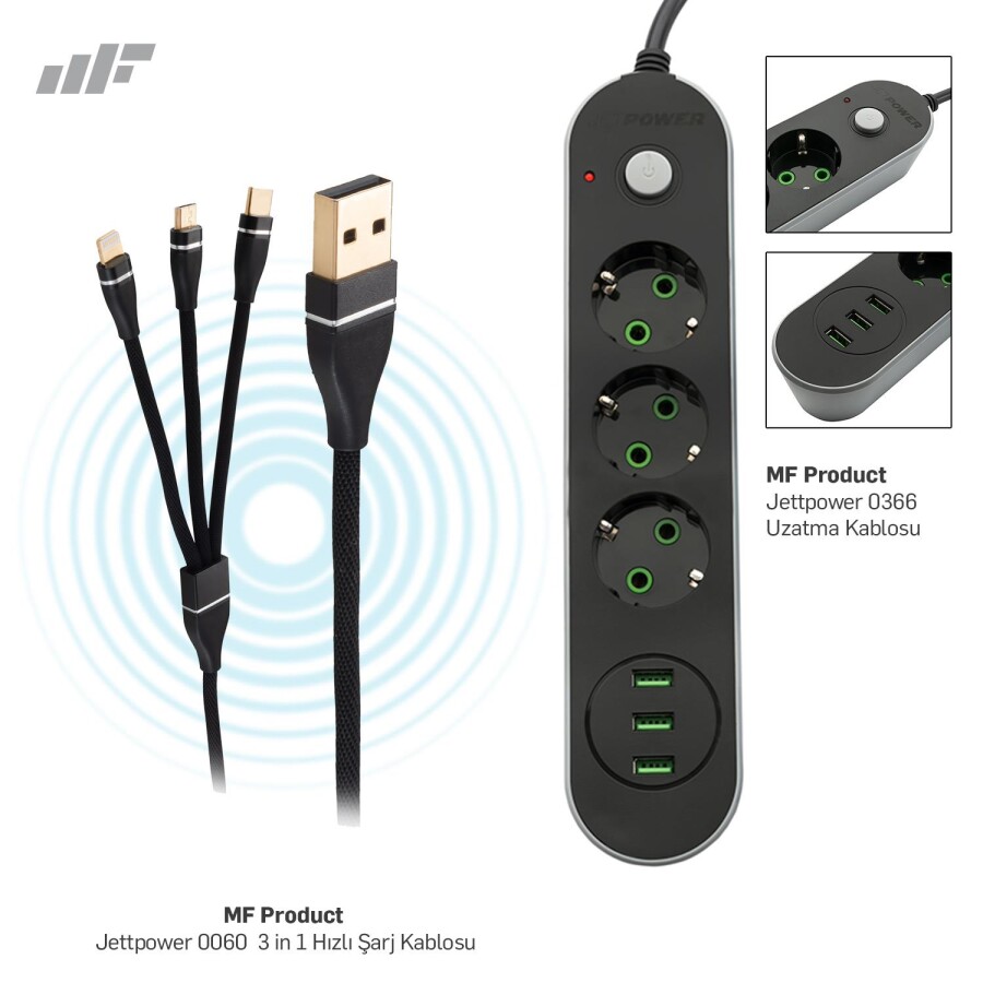 MF Product 0366 Koruma Anahtarlı 3 USB'li 3'lü Grup Priz 2 mt + 0060 Metal Başlıklı Örgülü 3 in 1 Hızlı Şarj Kablosu - 1