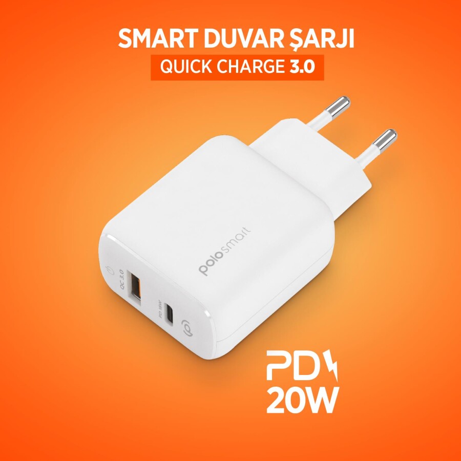 Polosmart PSM75 PD+USB Smart Duvar Şarjı Type-C To Lightning Beyaz - 3